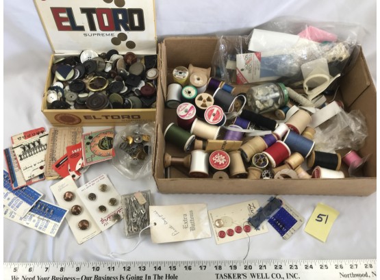 Large Lot Of Vintage Sewing Items, Thread, Cigar Box Full Of Buttons, See Pics