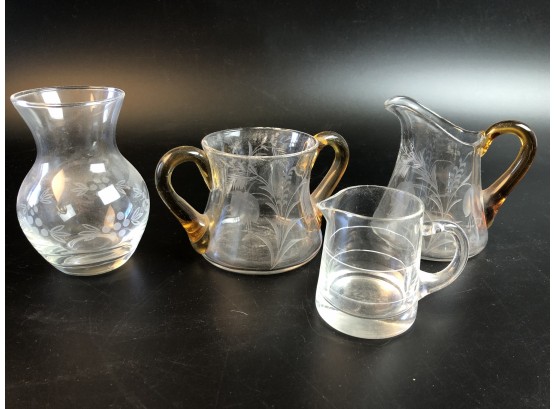 Glass Lot- Saint Pauls Mouth Blown Hand Cut Bud Vase, Etched Cream And Sugar, Small Creamer