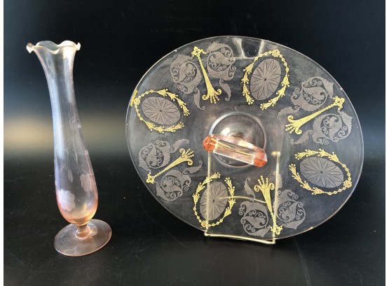 Pink Depression Glass Center Tray, Engraved Vase