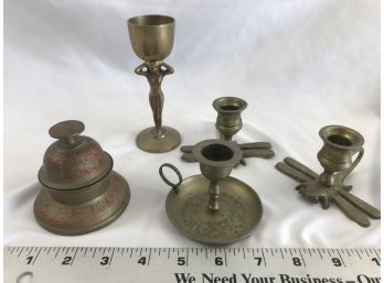 5 Brass Items, Candleholders, Bell