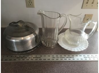 Glass Cake Platter With Metal Top, Two Glass Pitchers, Plate