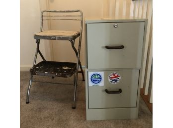 Two Drawer Metal File Cabinet And Vintage Kitchen Stepstool