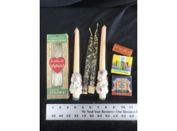Vintage Birthday Candles, Matches, Straws, Candlesticks