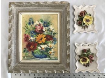 Original Framed Flower Picture And Two Hanging Cer