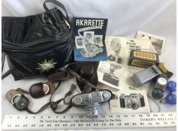 Vintage Akarette Camera With Accessories, Honeywell Tilt A Mite Flash Unit
