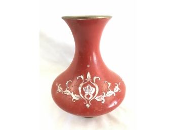Red Enamel And Brass Vase With Mother-of-pearl Inlay, 6 Inches Tall