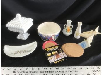 Miscellaneous Items, Milk Glass, Coasters, Dish, Vases
