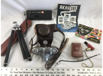 Vintage Akarette Camera With Accessories, Ikophot Exposure Meter, Kodak 20 Camera, Stand With Leather Pouch