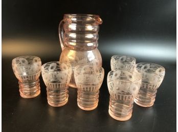 Vintage Pink Engraved Glass Pitcher And 6 Tumblers