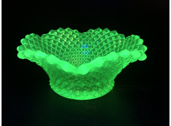 Indiana  Glass Ruffled Edge Bowl With Diamond Cut Pattern-  It Glows