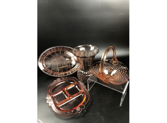 Pink  Glass Lot, Basket, Vase, Two Trays