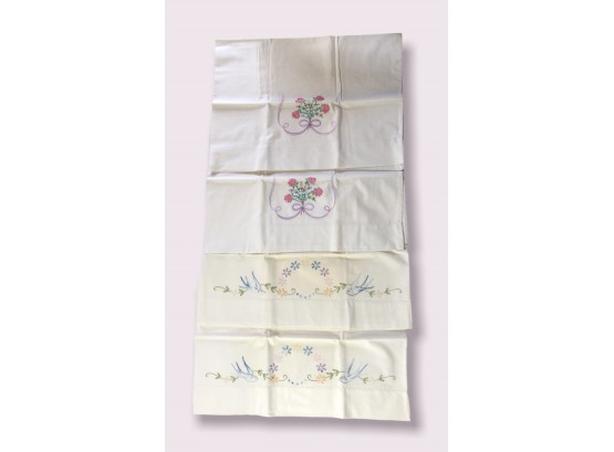 Two Pairs Of Vintage Embroidered Pillowcases