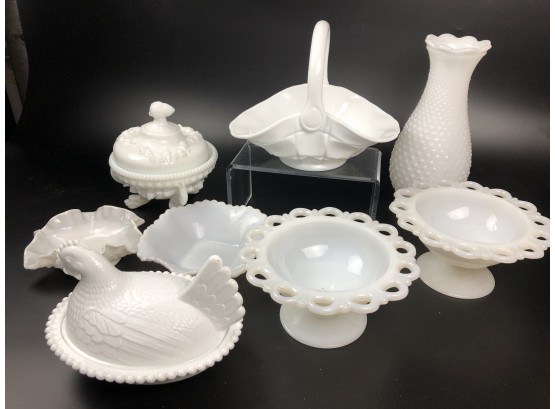 Assorted Vintage Milk Glass Including Westmoreland Covered Compote With Shells, Unmarked Hen O