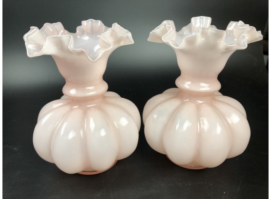 Pair Of Fenton Dusty Rose Melon Ruffled Top Vase  7 1/2 Inches Tall
