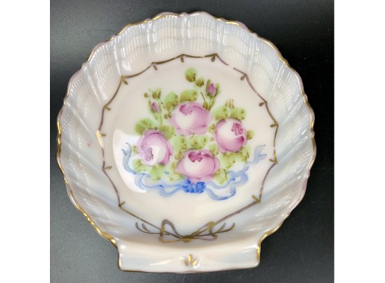 Vintage Clam Shell Shaped Glass Bonbon Dish With Hand-painted Roses