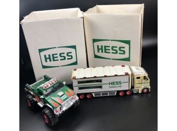 2 Hess Trucks 2003, 2007 And 2 Hess Shipping Boxes From 1991