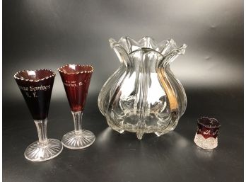 Glass  Lot Including Ruby Decorated Souvenir Ware And Large Clear Vase