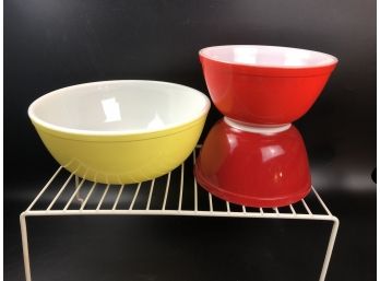 Three Vintage Pyrex Bowls, Two Red #402, 1.5 QT,  Yellow #404, 4 Qt