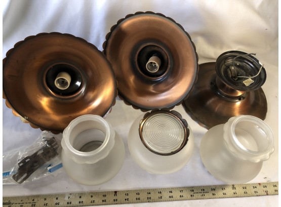 3 Vintage Ceiling Copper Color Lamps With Glass Globes