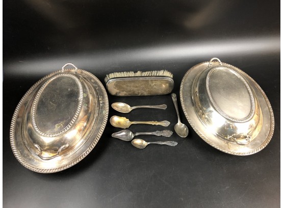 Sterling Silver Gorham Brush, Silver Plated Spoons And Serving Dishes