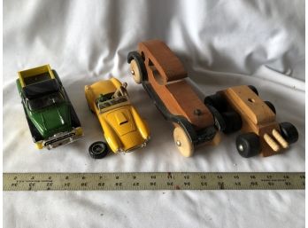 4 Model Cars, Burago Cobra 427, John Deere, Two Handmade Wood Cars