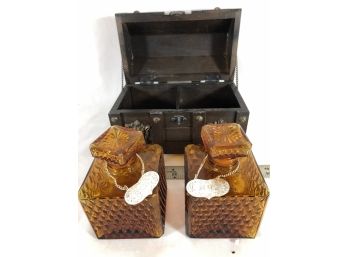 Wood Chest With Two Amber Glass Containers With Scotch And Rye Tags
