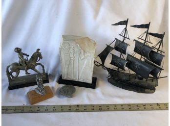 Lot Of Decorative Items,  Metal ShipMetal Ship, Small Pewter Statue, Nickel Belt Buckle