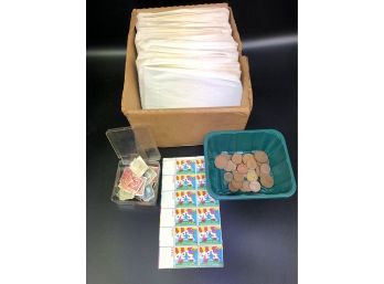 Assorted  Stamps, Foreign Coins, Glassine Postcard Holders