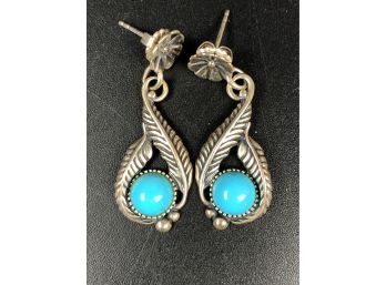 CR Signed Sterling Silver And Turquoise Dangle Earrings