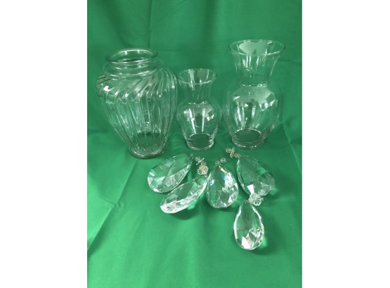 5 Large Hanging Crystals & 3 Glass Vases