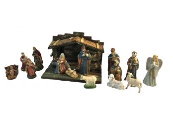 Nativity Set Ceramic Figures Wood Creche