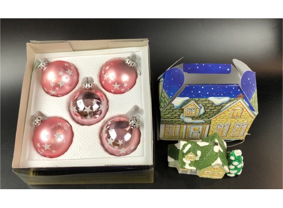 Vintage Pink Christmas Bulbs/ Dept 56 Nantucket Snow Village Ornament