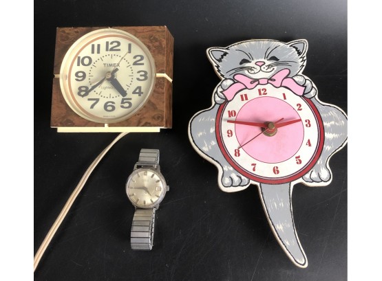 Medco 19 Jewel Watch/ Timex Alarm / Battery Cat Clock