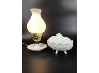 Hobnail Milk Glass Boudoir Lamp And Covered Candy Dish
