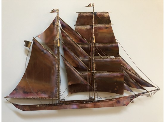 Large Brass Metal Hanging Sailing Ship Sculpture, Approx 40 Long By 26 High