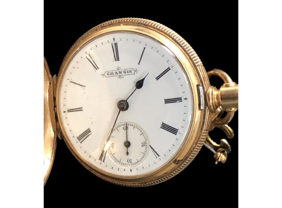 Update-  14 K Warranted *Plated* Antique Grangin  Pocket Watch Hunter's Case Measurement Added