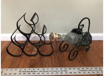2 Metal Wine Holders With Glass Bottle