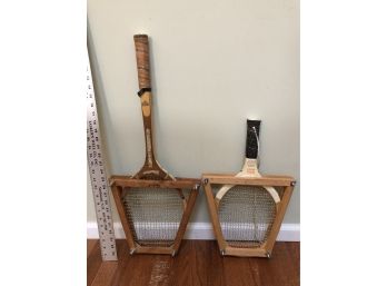 2 Vintage Wood Paddle And Tennis Rackets With Holders
