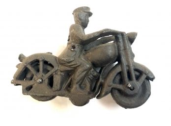 Cast Iron Motorcyclist And Man And Buggy