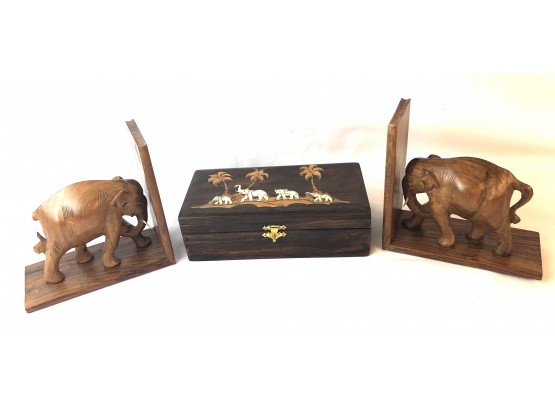 Elephant Decorated Wooden Box And Pair Of Elephant Bookends