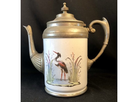 Antique Pewter And Enamel Coffee  Pot