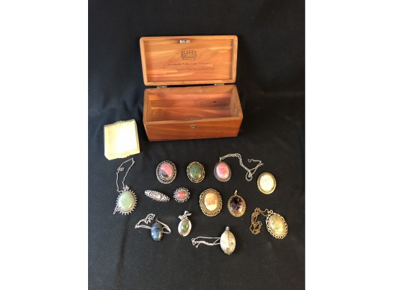 Vintage Lane Miniature Cedar Chest And Assorted Cabochon Stone Necklaces And Brooches