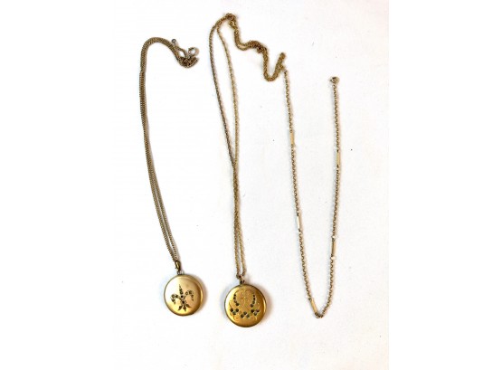Two Vintage Gold Filled Lockets On Chains, Another Gf Chain
