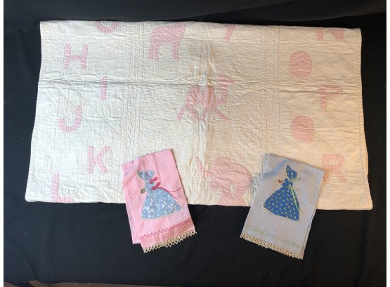 Vintage Pink And White Baby Quilt/ Finger Towels