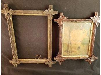 Two Antique Walnut Frames, One With Old Lithograph.