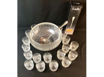 Vintage Punch Bowl And 18 Glasses With Silver Plate Ladle