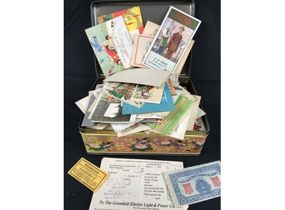 Tin Filled With Hundreds Of Mostly 1920’s Vintage Holiday Cards, Postcards, 1917 Electric Bill