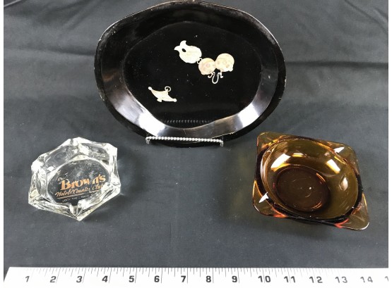 Wood Tray With Mother Of Pearl And Two Ashtrays