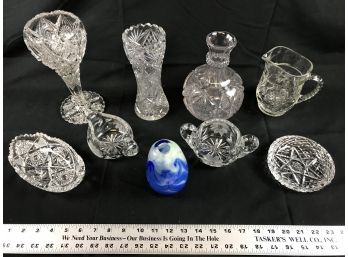 Assorted Glass Vases Pitcher Cream And Sugar Bowl And Dishes