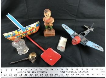 Vintage Assortment, Ohio Art Metal Ark, Toy Plane, Shovel,Toy Work Dog Bottle, Tea Strainer, Shovel